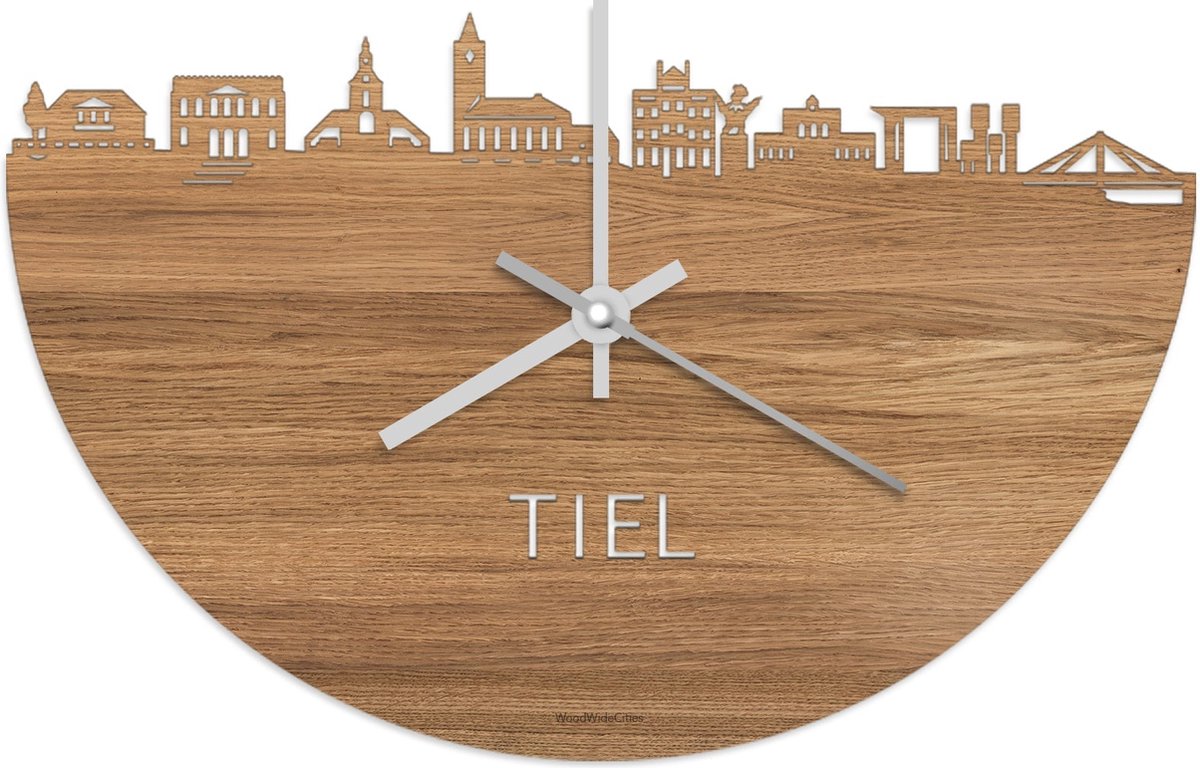 Skyline Klok Tiel Eikenhout - Ø 40 cm - Stil uurwerk - Wanddecoratie - Meer steden beschikbaar - Woonkamer idee - Woondecoratie - City Art - Steden kunst - Cadeau voor hem - Cadeau voor haar - Jubileum - Trouwerij - Housewarming - WoodWideCities