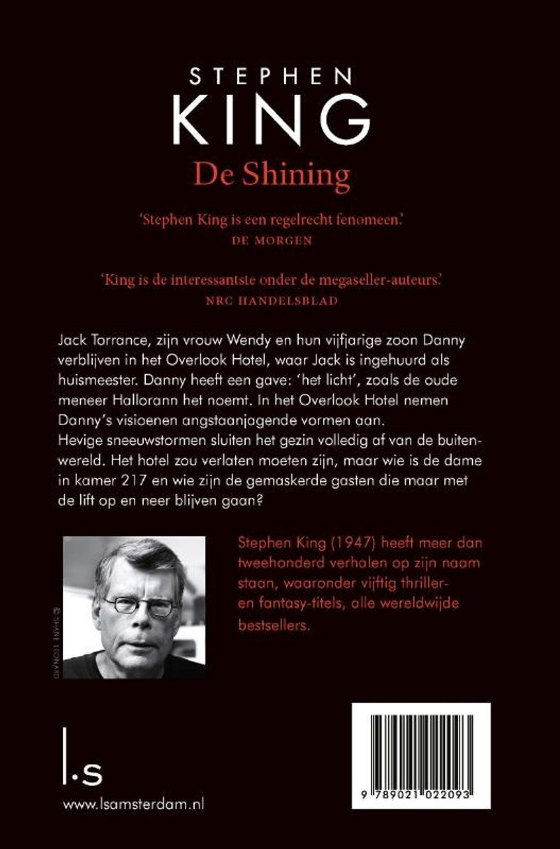 Boekomslag van Stephen Kings 'De Shining' met foto van Stephen King, tekst en ISBN.