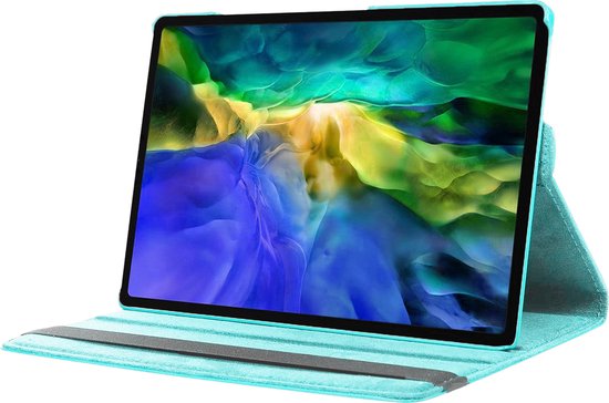 Étui de tablette bleu clair, rotatif à 360 degrés, avec tablette à l'intérieur, en position de visualisation.