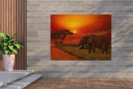 Poster de jardin Éléphant - Coucher de soleil - Oranje - Savane - Animaux - 170x120 cm - Décoration murale Extérieur - Poster de jardin - Toile de jardin - Poster de clôture - Tableau de jardin