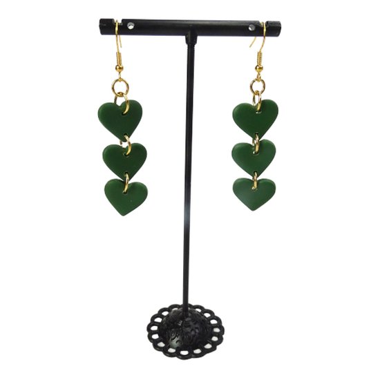 2 Love it Autumn Hearts - Boucles d'oreilles - Boucles d'oreilles tendance - Argile polymère - Acier inoxydable - Léger - Automne - 6,8 x 1,5 cm - Vert - Couleur or