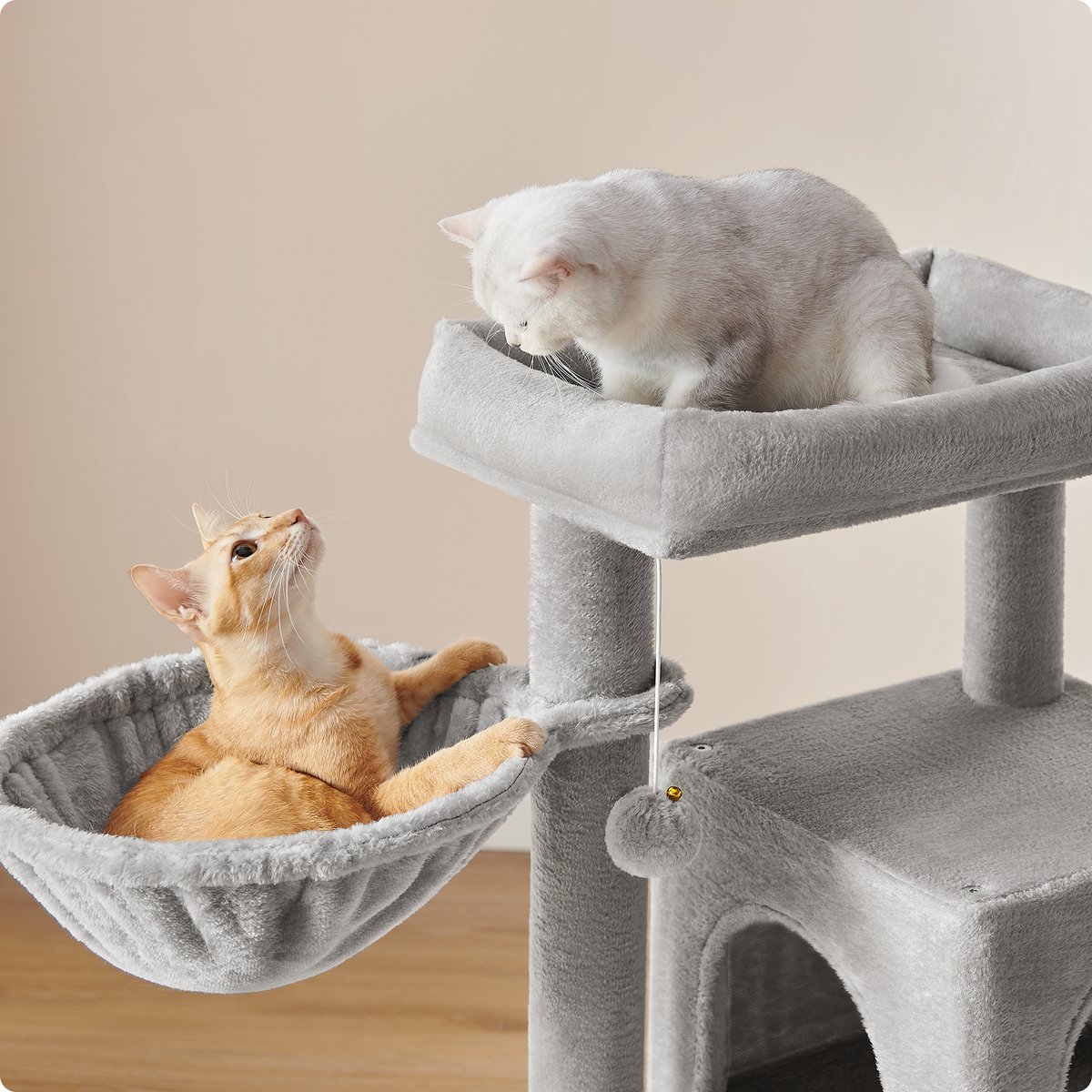 PAWZ Road Grote krabpaal, 184 cm kattentoren voor grote katten, kattenverblijf met krabpalen en kussentjes bedekt met sisal, 2 gewatteerde zitstokken, dubbel verblijf en mand voor binnenkatten - grijs