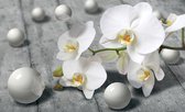 Fotobehang - Vlies Behang - Witte Orchidee en Parels - 208 x 146 cm