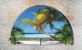 Fotobehang - Vlies Behang - 3D Uitzicht op de Palmbomen, Strand en Zee - 208 x 146 cm