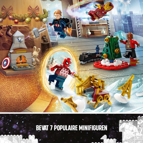 LEGO Marvel Avengers Adventskalender met 7 populaire minifiguren, waaronder Iron Man, Captain America en Spider-Man.