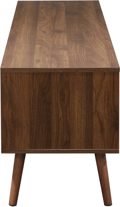 Vue latérale d'un meuble TV en noyer avec pieds inclinés.