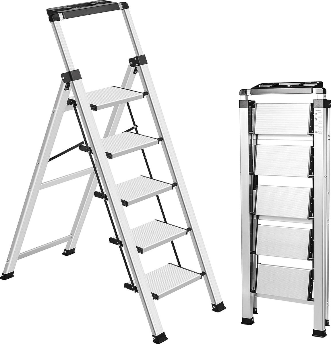 Trapladder, vouwladder, 5 treden met afneembare leuning, aluminium trapladder, antislip, draagbare ladder voor huis en kantoor, belastbaar tot 150 kg