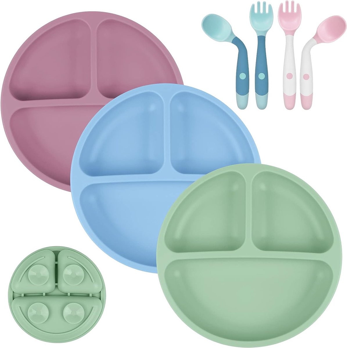 Goedkoopste Baby zuigplaat, 3 stuks siliconen baby zuigplaten, antislip siliconen baby spenen plaat, verdeelde gerechten voor peuter kinderen zelfvoeding, past voor de meeste kinderstoelen trays (groen/roze/blauw