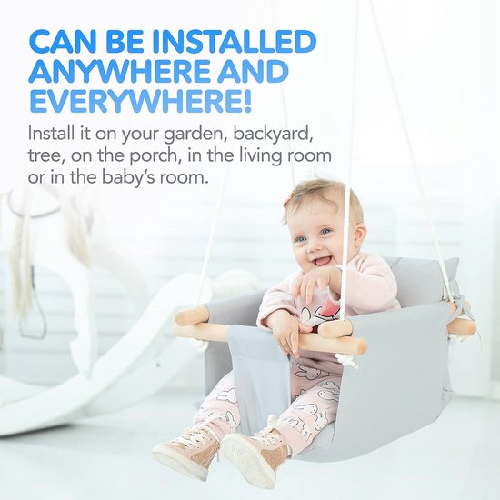 Canvas Baby Swing, Houten Hangende Swing Seat Stoel Met Veiligheidsgordel, Duurzame Baby Hangmat Stoel, Outdoor en Indoor Swing voor Kinderen, Montagehardware inbegrepen, Grij van MAWA Nursery — afbeelding 2