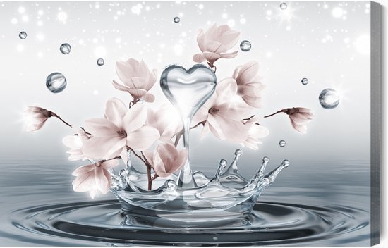 Schilderijkoning - Canvas Schilderij Magnoliabloemen En 3D-Waterdruppels - 30 x 20 cm