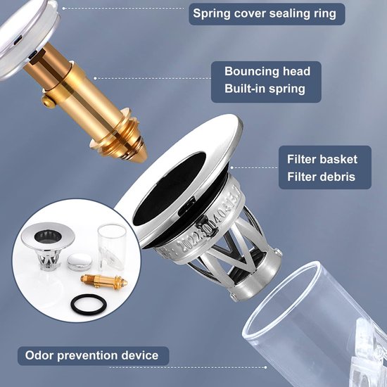 Bonde Universelle Pop-up Anti-Obstruction Avec Filtre – 2 Joints Silicone, Alliage Zinc & Laiton, Drainage Rapide 20% Plus Vite – Lavabo Salle De Bain