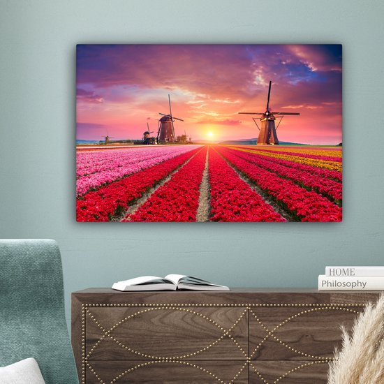 Moulin à peinture sur toile - Fleurs - Coucher de soleil - Hollandais - 60x40 cm - Décoration murale