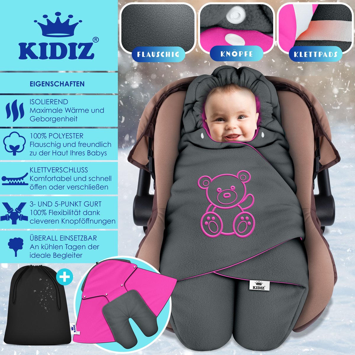 KIDIZ® Baby Slaapzak voor Buggy Voetenzak voor Autostoeltje & Wandelwagen Babyschaal, voor Winter met Kap + Babyslaapzak Deken voor Maxi-Cosi & Kinderwagen alle Gordelsystemen 3 & 5-Puntsgordel - Antraciet / Roze – foto 6