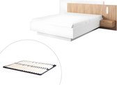 Bed met nachtkastjes - 160 x 200 cm - 2 lades - Met ledverlichting - Kleuren: Wit en houtlook + Bedbodem - FRANCOLI L 264.4 cm x H 102 cm x D 218.2 cm