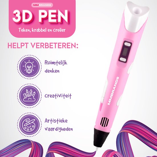 MM Brands 3D Pen Starterspakket - Inclusief 100m Filament in 10 Kleuren - Extra Lange Laadkabel - Geschikt voor ABS & PLA Filament - Roze - MM Brands