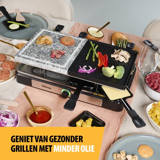 Trstar Gourmetstel RA-2746 - Gourmetset Voor 8 Personen - Met Grote Grillplaat Gourmetplaat Met Regelbare Temperatuur Pfas Vrij Zwart Rvs