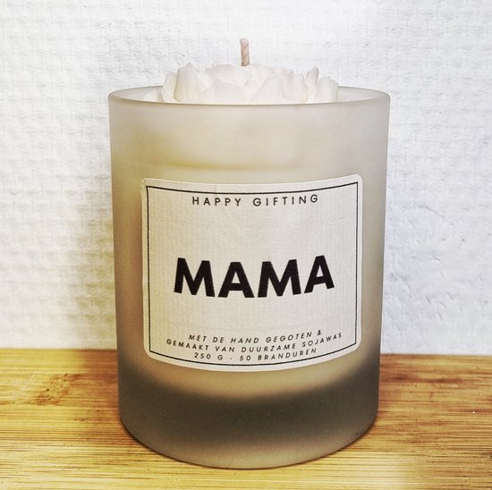 Mama - Soja was geurkaars - Witte roos - Kaarsglas transparant - Kaneel geur - 250 gram - 50 branduren - Geurkaars - Kaars - Kaars met tekst - Soja was – Soy wax – Handgemaakt – Cadeau – Cinnamon - Geschenk – Duurzaam