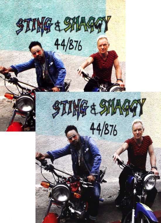 Twee afbeeldingen van Sting en Shaggy op motoren, met de tekst 'STING & SHAGGY 44/876' erboven.