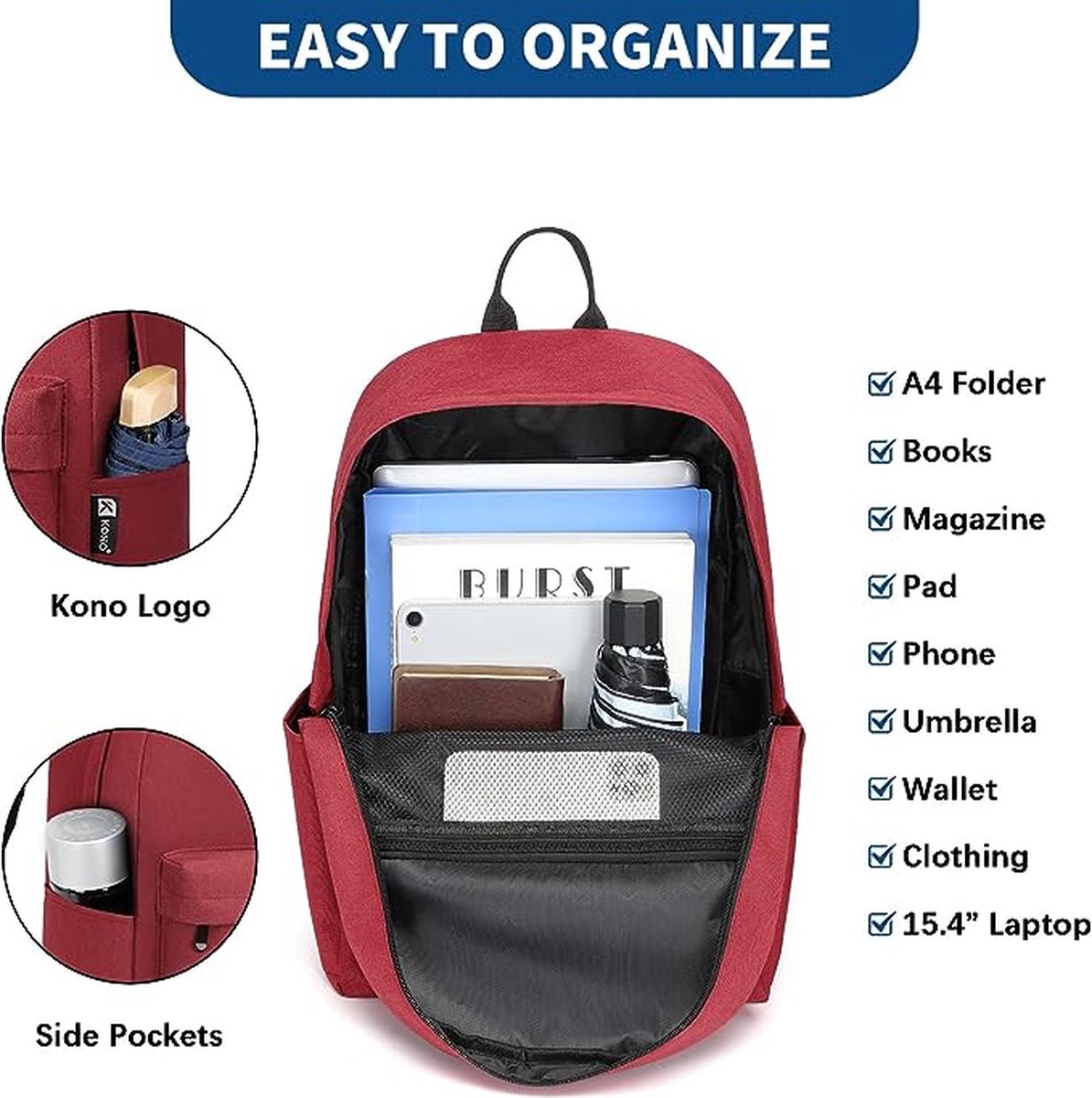 Kono Schoolrugzak College Rugzak Lichtgewicht Schooltas Waterbestendig Stijlvol Casual Dagrugzak College Reizen Zakelijke Werktas voor Mannen Vrouwen Jongens en Meisjes past 15,4 Inch Laptop (Roze), roze, L