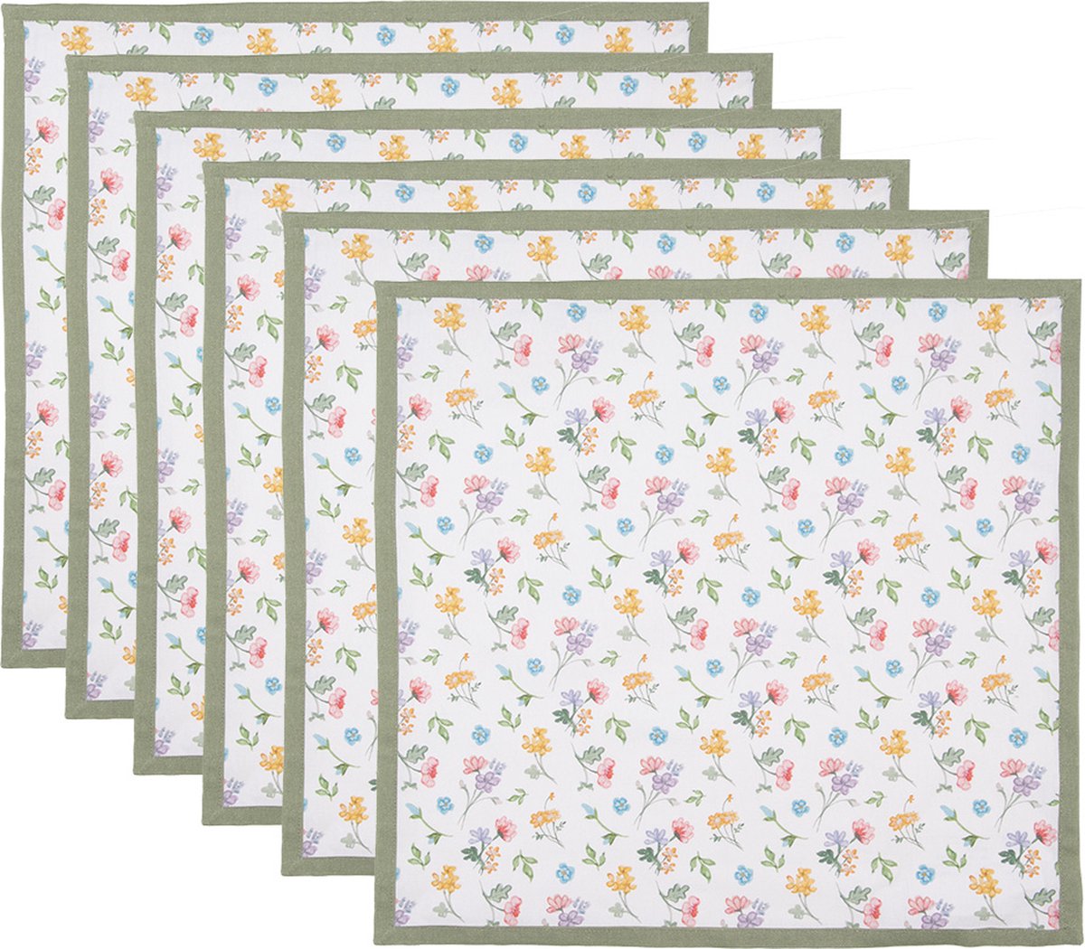 Clayre & Eef Servetten Katoen Set van 6 40x40 cm Wit Groen Vierkant Bloemen