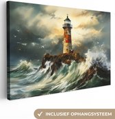 Canvas Schilderij Vuurtoren - Water - Zee - Rots - Olieverf - 120x80 cm - Wanddecoratie