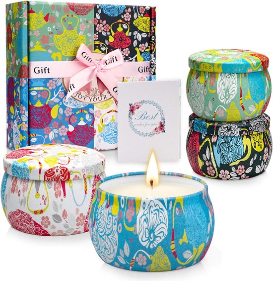 Kaars Gift Set Geurkaarsen, Geschenken voor Vrouwen 4 Packs 4 oz Natuurlijke Soja Wax Kaarsen Set Laatste voor 30-40 uur, aromatherapie geschenken voor haar kaarsen Geschenken voor Mama Verjaardag
