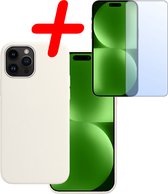 Hoes Geschikt voor iPhone 15 Pro Max Hoesje Siliconen Back Cover Case Met Screenprotector - Hoesje Geschikt voor iPhone 15 Pro Max Hoes Cover Hoesje - Wit