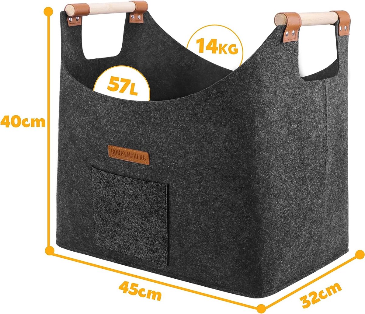 Panier à Bûches XL En Feutre Extra Large - Panier Bois De Cheminée, Provisions Ou Rangement - 55L Gris
