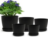 Pots de fleurs en plastique, 19/17,5/16,5/15/14 cm, pots de fleurs d'intérieur avec trou de drainage et plateau, pot de fleurs décoratif moderne pour toutes les plantes d'intérieur, fleurs, plantes grasses, cactus, noir