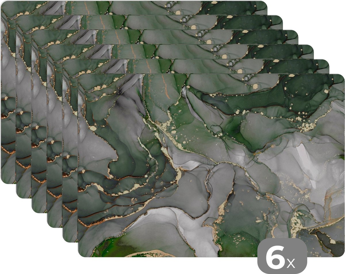 Placemats - Marmer - Groen - Onderleggers placemat - 45x30 cm - 6 stuks