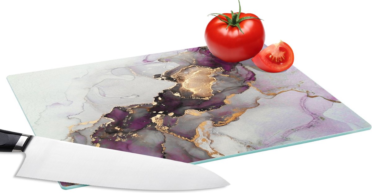 Glazen Snijplank - 28x20 - Marmer - Abstract - Goud - Paars - Snijplanken Glas