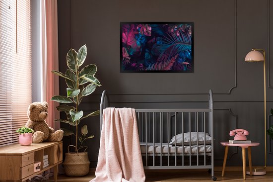 Fotolijst incl. Poster - Jungle - Bladeren - Blauw - Roze - Jongetjes - Meisjes - Kind - 90x60 cm - Posterlijst