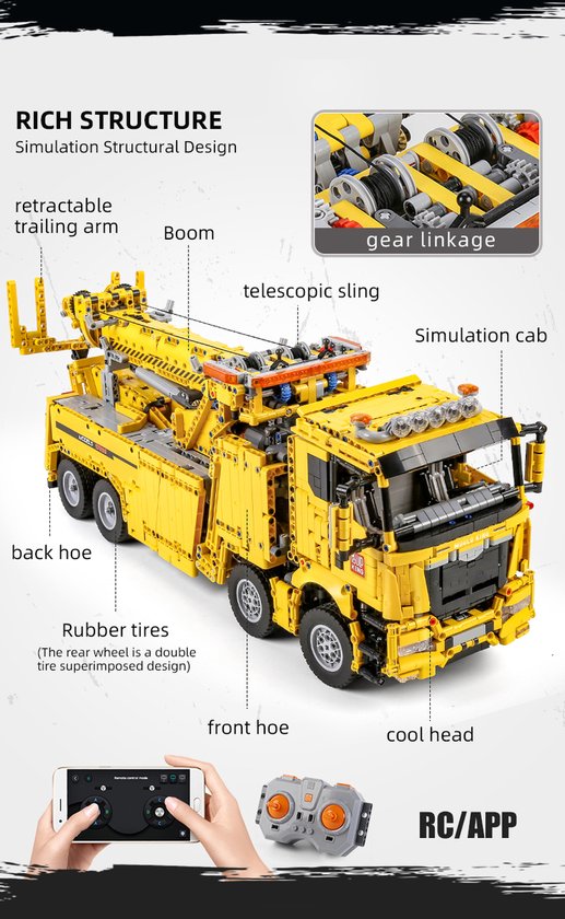 Gele bouwstenen bergingstruck met gedetailleerde structuur, hijsarm, rubberbanden en RC/APP-bediening.