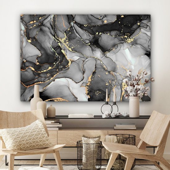 Toile Peinture Marbre - Zwart - Or - Grijs - 120x80 cm - Décoration murale