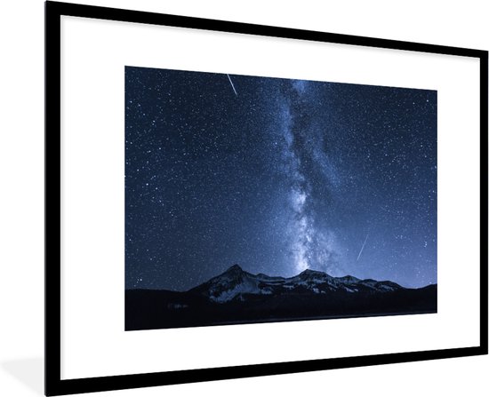 Une affiche encadrée de noir de la Voie lactée brillent sur des montagnes enneigées, avec des étoiles filantes.