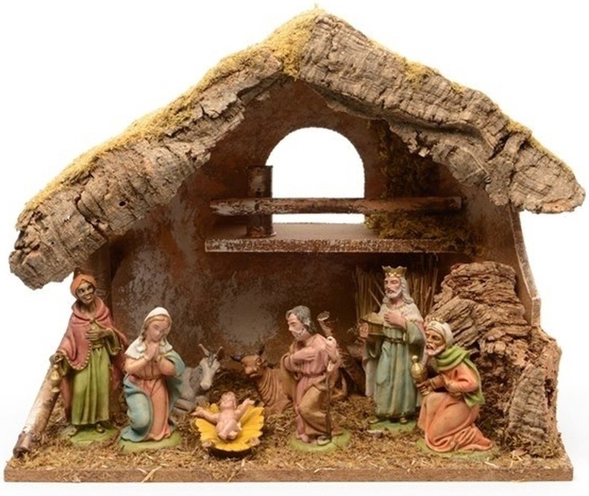 Decoris Kerststal - inclusief 8 beelden - 38 x 18 x 29 cm - Kerststal met kerstbeeldjes