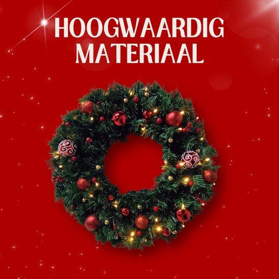Buxibo PVC Kerstkrans met Decoraties - Groen - Met 40 Lampjes op Batterijbox - 150 Takken - 50cm