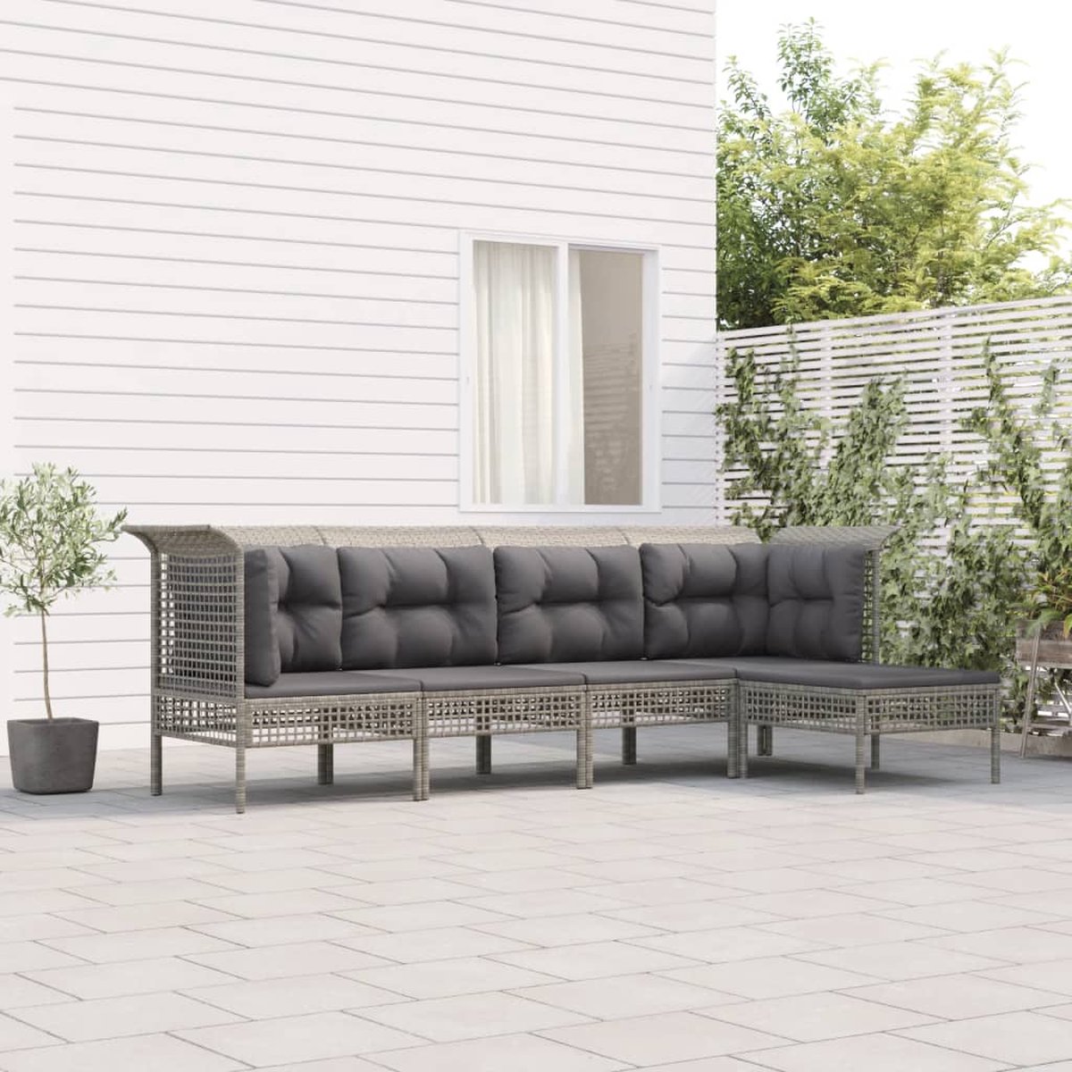 The Living Store 5-delige Loungeset met kussens poly rattan grijs - Loungeset - Tuinset - Tuinmeubel - Lounge Set - Outdoor Furniture