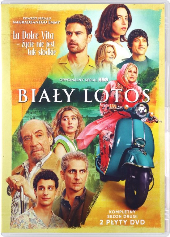 Personen op de voorkant van de DVD-hoes van 'The White Lotus' met de tekst 'Biały Lotos' en 'La Dolce Vita'.