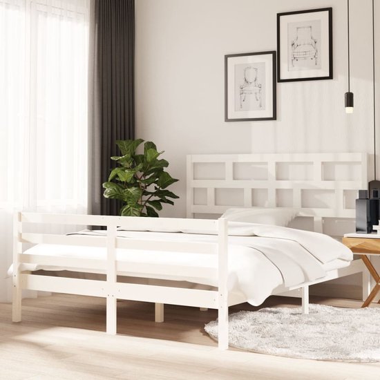 Cadre de lit en bois The Living Store - Wit - 205,5 x 156 x 100 cm - Bois de pin Massief - Tête et pied de lit compris