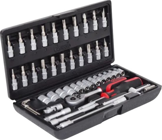 Zwarte koffer met een 48-delige dopsleutelset van KS Tools, inclusief ratel met rood-zwarte handgreep, diverse doppen en bits.