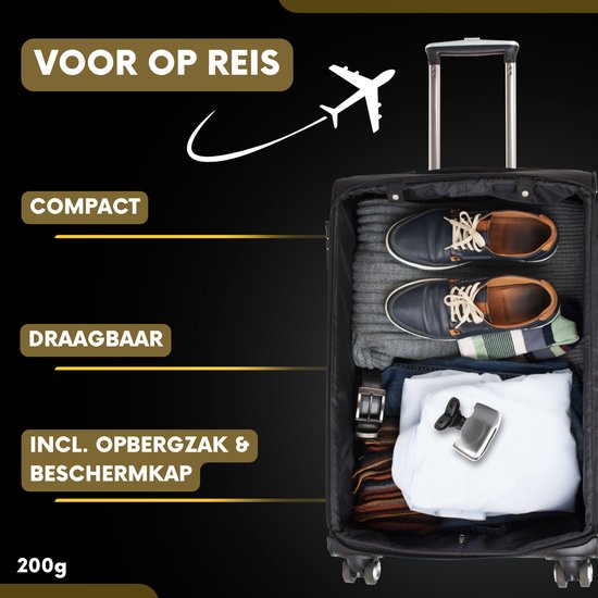 Zwarte koffer met kleding, schoenen en scheerapparaat. 'Voor op reis', 'Compact', 'Draagbaar'.