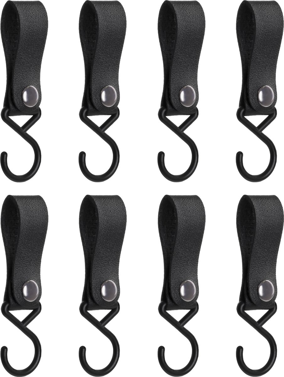 QUVIO Ophanghaak met leren bandje - Kledinghaken - Kledinghangers - Opbergen - Haken - Keukenhaken - Kunststof- Leer - Ophanghaken - Set van 8 - Zwart