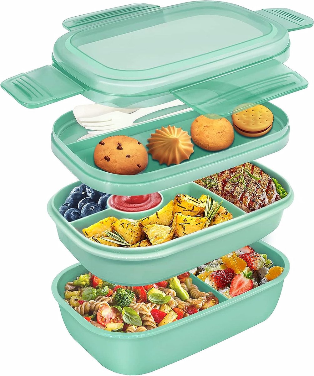 Lunchbox set 3 laags - Groen - 1900 ml - Stapelbare broodtrommel met vakken - Voor volwassenen of kinderen - Bento box
