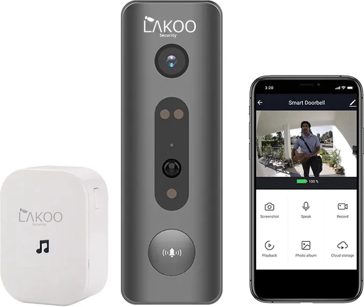 LAKOO Beveiliging Video Deurbel met Camera en Wifi - Draadloos op Accu, 1080P, Inclusief Draadloze Gong en 32GB SD-kaart