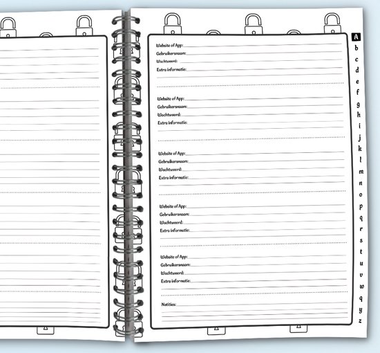 Een open notitieboek met lijnen. De rechterpagina bevat velden voor website, gebruikersnaam en wachtwoord. Boven elke pagina staan slotjes.