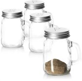 4-delige zout- en peperstrooierset, glazen kruidenstrooier met metalen deksel en handvat, zout- en peperstrooier als kleine bierpul, kook- en keukenaccessoires (4 stuks met handvat)
