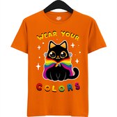 Schattige Pride Vlag Kat - Unisex T-Shirt Mannen en Vrouwen - LGBTQ+ Suporter Kleding - Gay Progress Pride Shirt - Rainbow Community - T-Shirt - Unisex - Oranje - Maat L