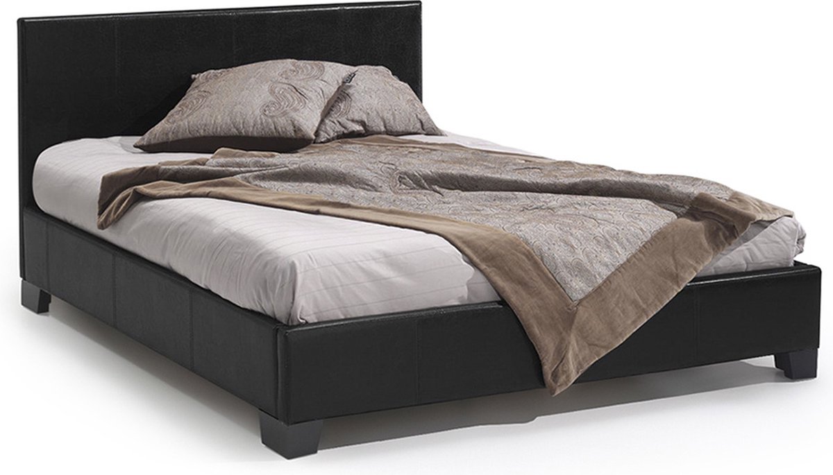 Bed Napels Zwart - Kunstleer - 140x200cm - Met lattenbodem - Hoogte 92 cm