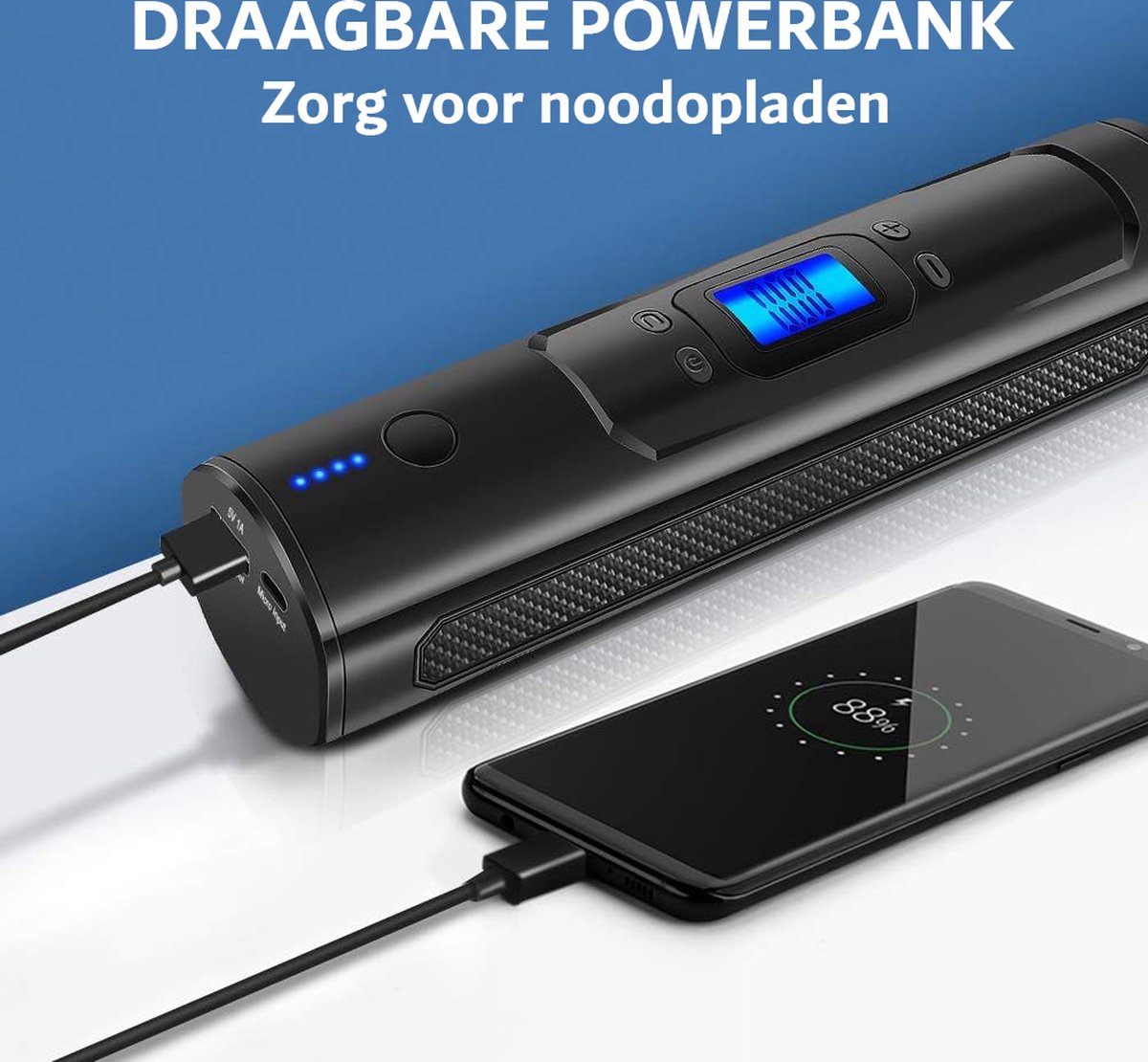 Accucompressor met 21 V 1500 mAh accu en oplader, draagbare ledlamp